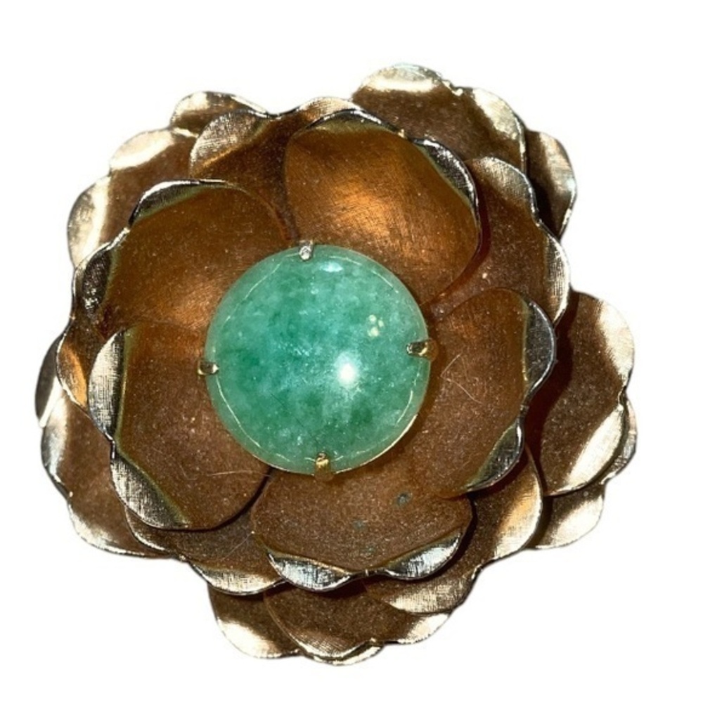 Vintage Gold Flower Brooch with Jade Stone